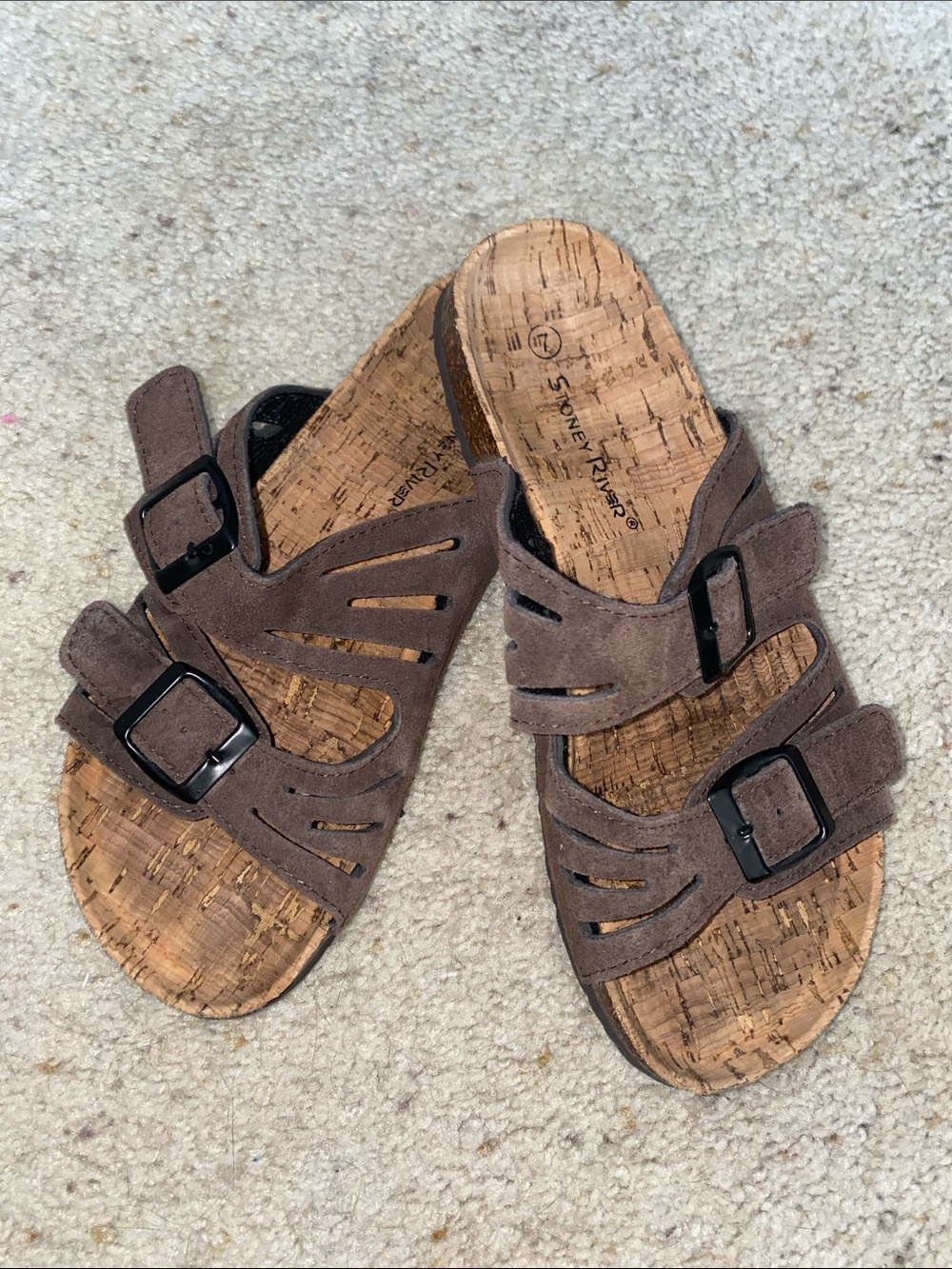 Brown Cork Footbed Slide Sandals with Buckles